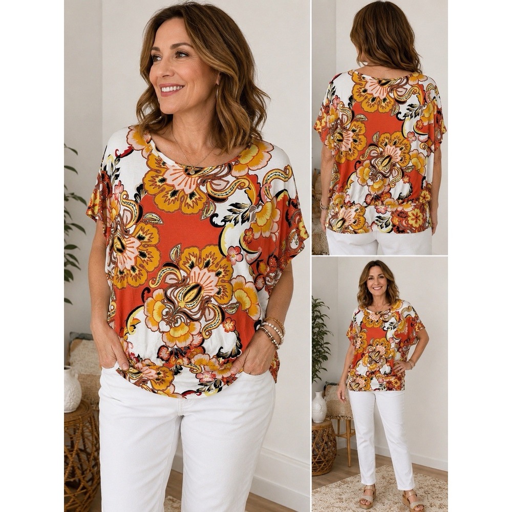 Chicos Size 3 Floral Paisley Tunic Top Dolman Sleeve Boho